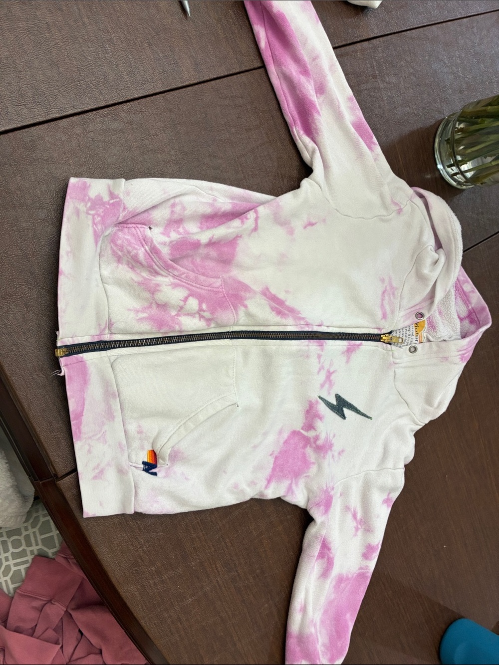 Aviator Nation Pink & White Tie-Dye Zip Hoodie with Lightning Bolt